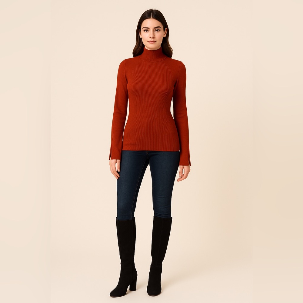 Banana Republic Rust Color Mock-Neck Ribbed Knit Top – Size S